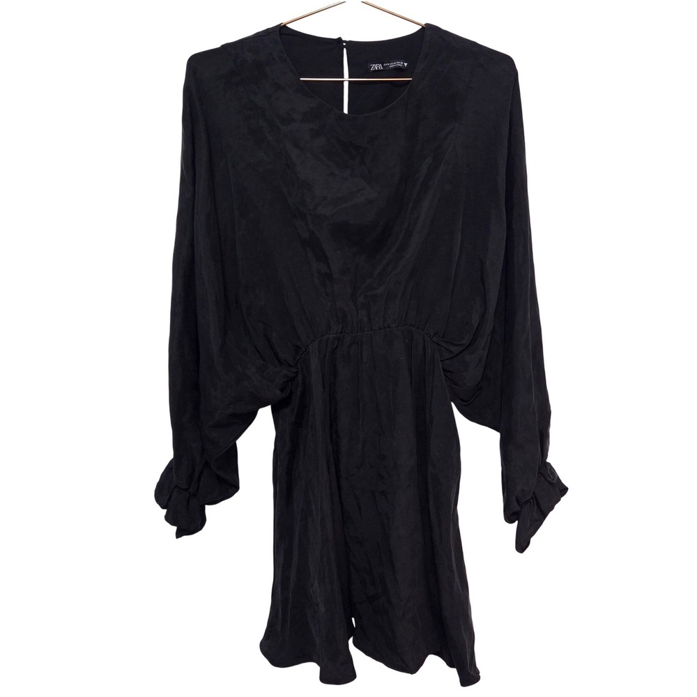 Zara Black Lyocell Dolman Sleeve Mini Dress Elastic Waist Ruffle Cuff Size M - Picture 2 of 9